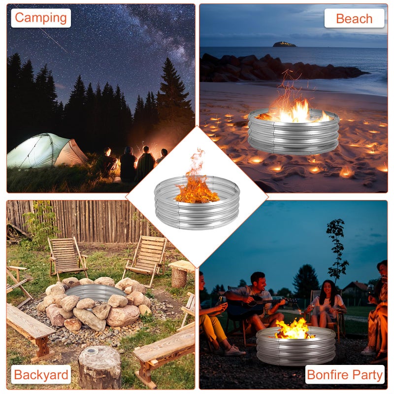 OUSHENG Galvanized Fire Pit Ring for Outside Wood Burning, Metal Firepit Liner for Above Ground Outdoor Camping Beach Backyard Park - Image 5