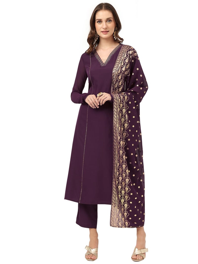 FIORRA Women's Purple Poly Crepe Flared Kurta with Dupatta and Pant SET0082-XL - Image 1