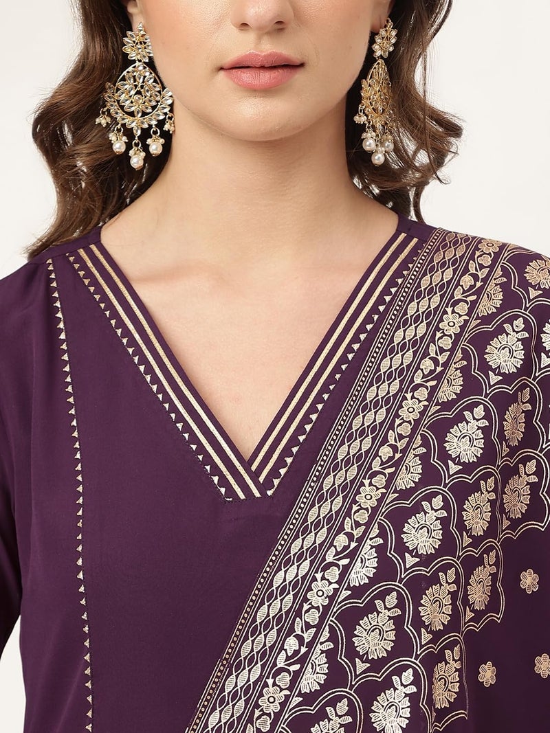 FIORRA Women's Purple Poly Crepe Flared Kurta with Dupatta and Pant SET0082-XL - Image 5