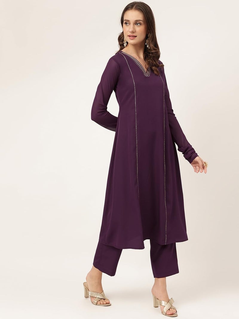 FIORRA Women's Purple Poly Crepe Flared Kurta with Dupatta and Pant SET0082-XL - Image 3