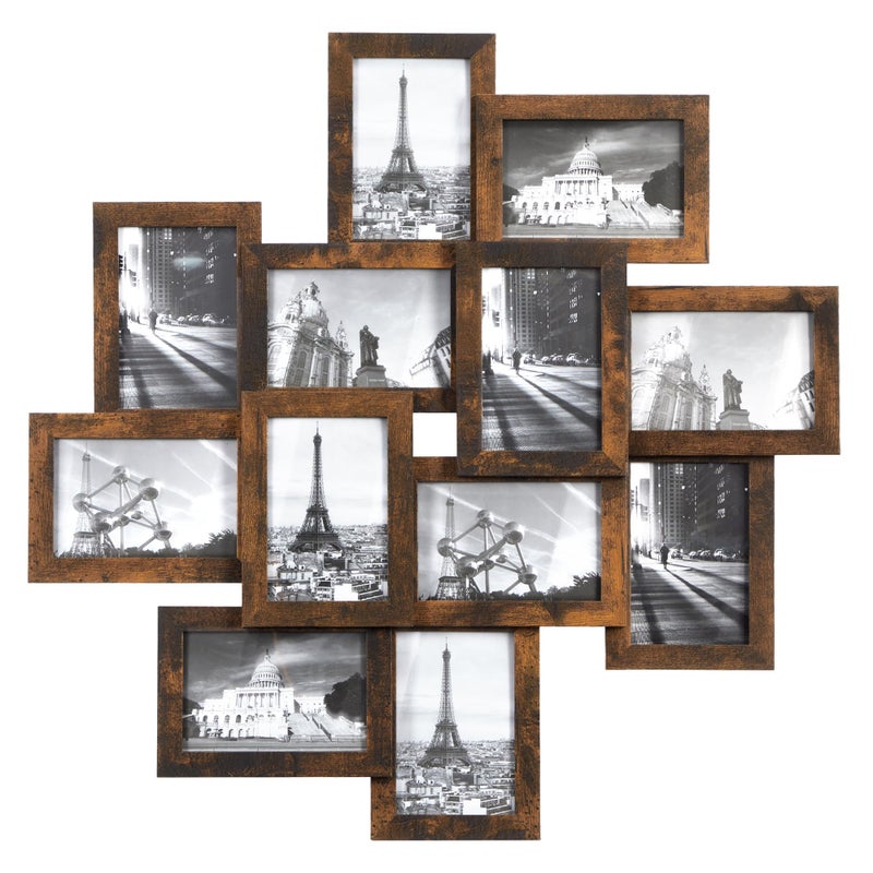 SONGMICS Collage Picture Frames 12 Frames for 4x6 Photos Collage Photo Frames for Wall Multi Frames Wall Decor Rustic Brown RPF022X01
