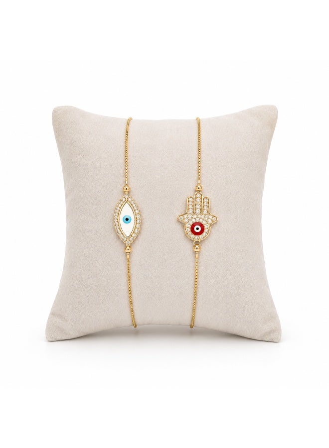 Women’s Gold-Tone Hamsa and Evil Eye Bracelet Set with Clear Stone Accents, 2 Pieces