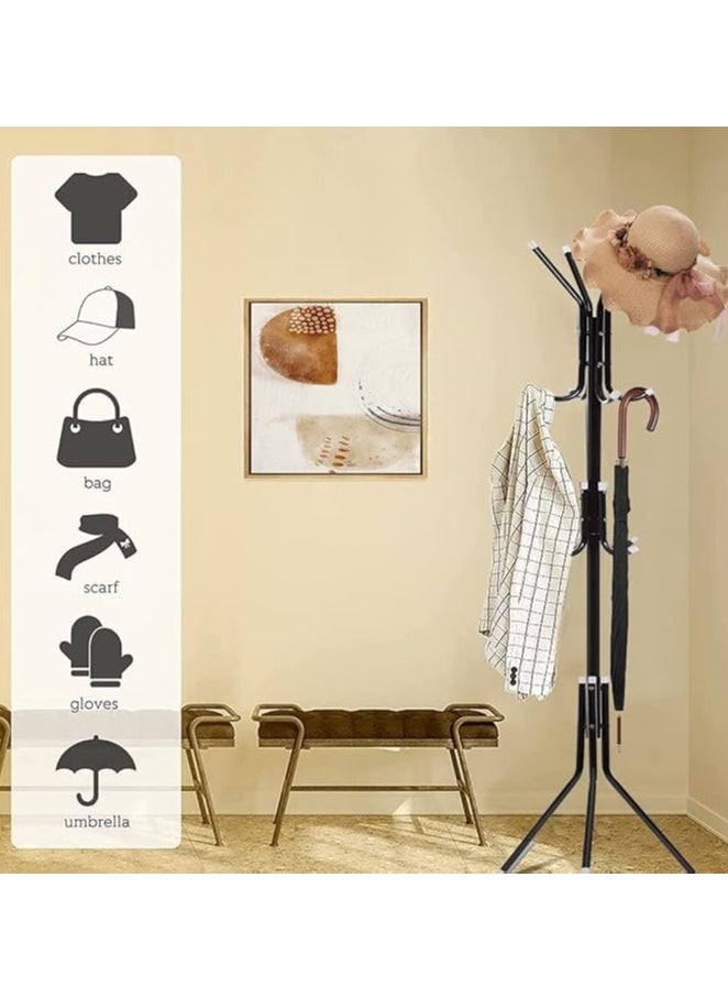 Coat Rack Freestanding, Practical Metal Coat Tree Stand With 12 Hooks, Standing Coat Racks for Bedroom Living Room Office Hanging Clothes, Hats, Bags(Black)