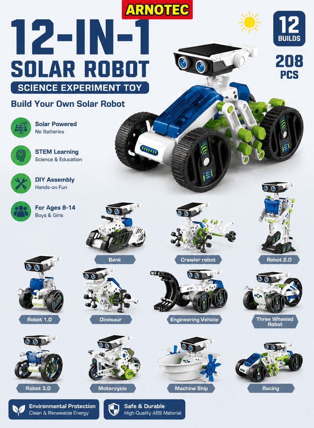 12-in-1 Solar Robot Science Experiment Toy | Children's DIY STEM Creative Assembly Educational Toy Set | Can Walk on Land and Water without Batteries | Suitable for Boys and Girls Aged 8-14 | First Choice for Birthday Gifts
