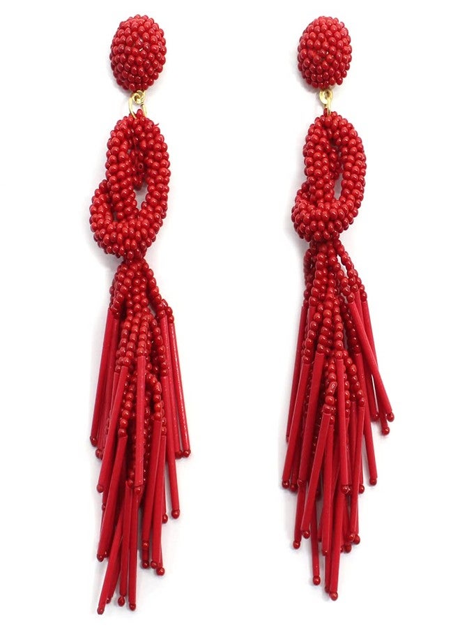 BeadsCorner Handmade Beaded Solid Color Post Statement Earrings for Women All Season 4 inch Long (Red) - Image 1