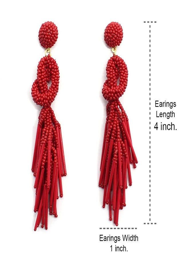 BeadsCorner Handmade Beaded Solid Color Post Statement Earrings for Women All Season 4 inch Long (Red) - Image 2