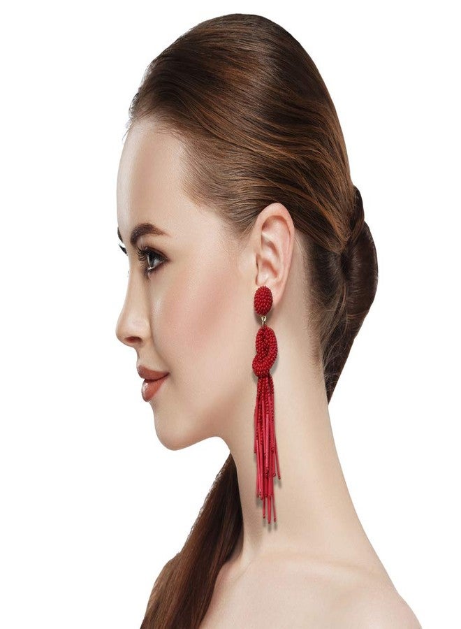 BeadsCorner Handmade Beaded Solid Color Post Statement Earrings for Women All Season 4 inch Long (Red) - Image 3