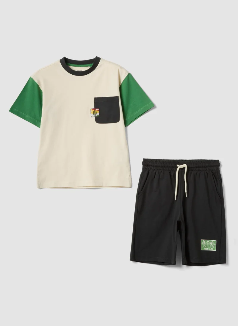 او في اس OVS Beige And Black Pure Cotton Set With T-Shirt And Shorts