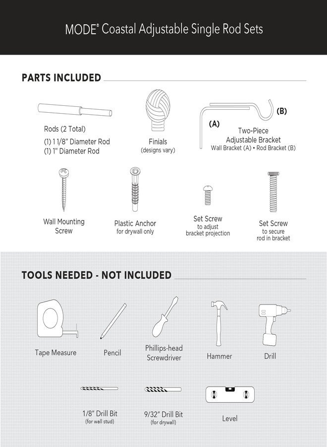 مود مجموعة قضبان ستائر MODE Coastal Collection بقطر 1 1/8 بوصة، مزودة بنهايات ستائر على شكل صدفة ساحلية وقضيب ستائر فولاذي قابل للتعديل يُثبت على الحائط، يناسب النوافذ من 36 بوصة إلى 72 بوصة، لون أبيض عتيق - Image 5