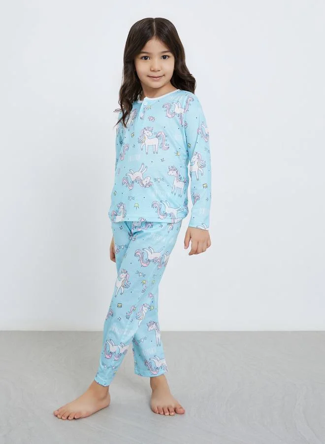 ستايلي Styli Unicorn Graphic Print T-Shirt and Pyjama Set