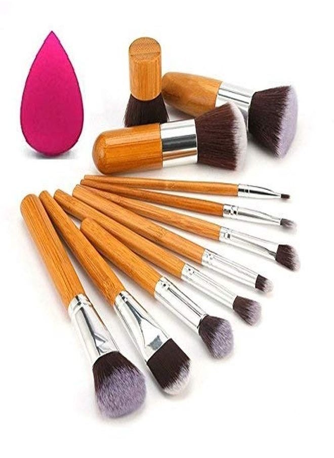 Kylie - High-Quality Synthetic Bristle Makeup Brushes, Puff- Natural Bamboo, 11 Pcs - Image 1