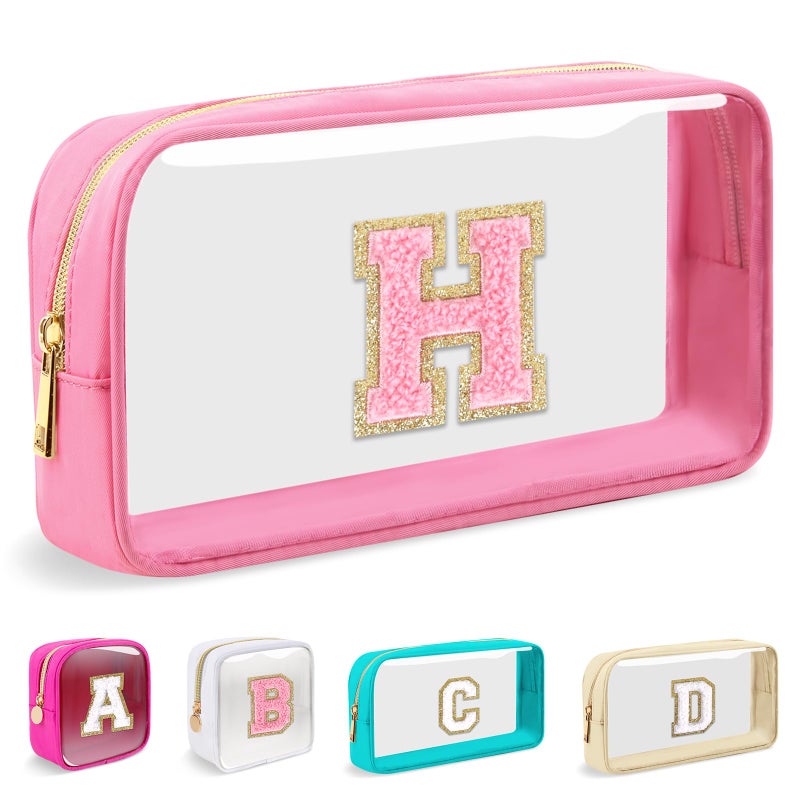 Iqimott Small Clear Personalized Initial Makeup BagNylon Preppy AZ Chenille Letter Patch Cosmetic Pouch Beach Toiletry BagWaterproof Zipper Travel Purse Storage Bag Organizer for Women GirlsPinkPink H - Image 2