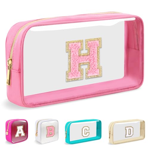 Iqimott Small Clear Personalized Initial Makeup BagNylon Preppy AZ Chenille Letter Patch Cosmetic Pouch Beach Toiletry BagWaterproof Zipper Travel Purse Storage Bag Organizer for Women GirlsPinkPink H - Image 1