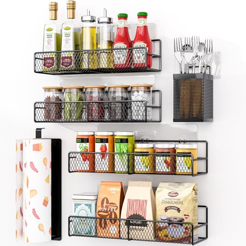 DTUQYX Spice Rack Wall Mounted 6 Pack: 100% Metal & Strong Adhesive Spice Organization for Kitchen Cabinet/Pantry Door, No Drill Hanging Seasoning Organizer with Paper Towel Holder, Utensil Caddy - Image 1