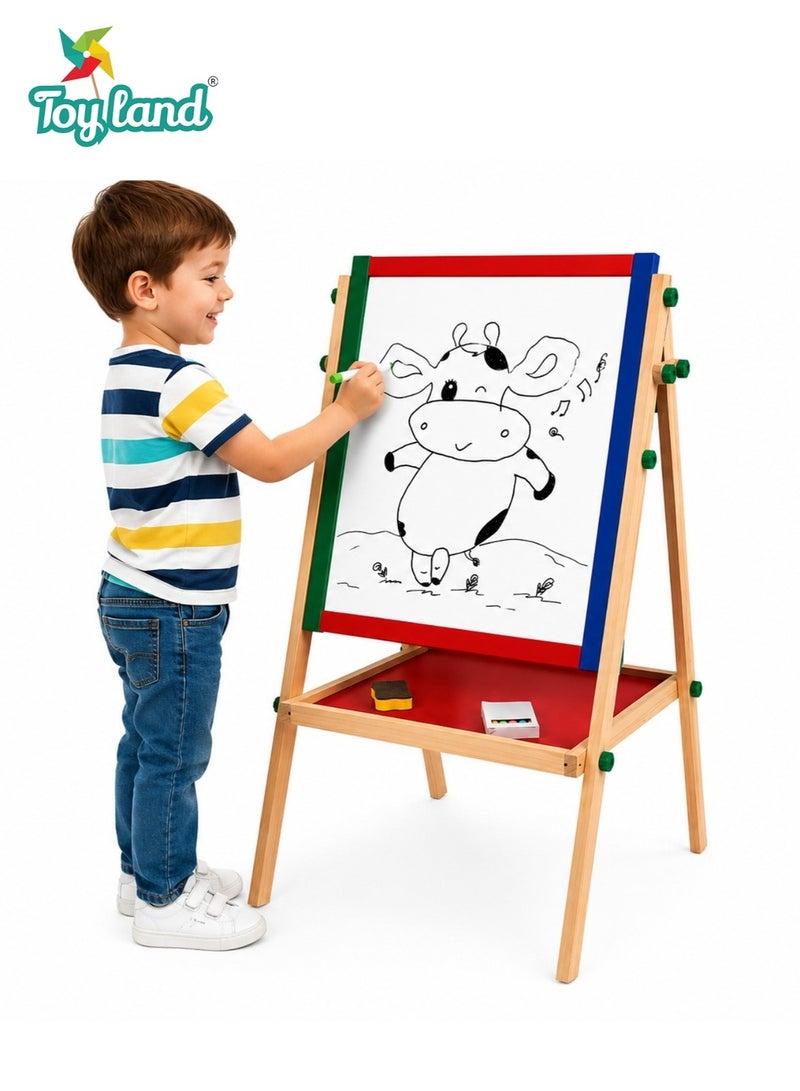 Toy Land Kids Double Sided Wooden Easel Drawing Board with Whiteboard, Blackboard, Chalk Set and Storage Tray-drawing board double sided for kids - Image 1