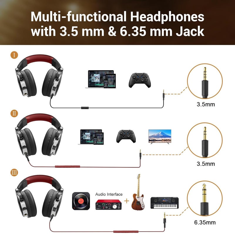OneOdio Pro-10 Wired Over Ear Headphones Hi-Res Studio Monitor & Mixing DJ Stereo Headsets with 50mm Drivers and 1/4 to 3.5mm Jack for AMP Computer Recording Podcast Keyboard Guitar Laptop - Red - Image 4