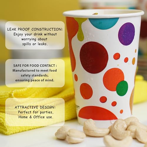 PARICOTT 300ml – 50 Cups | Multi Drop Printed Paper Cups | Disposable Use & Throw Cups for Tea, Coffee, Juice, Water, Wine, Cocktail, Parties, Events, Wedding, Travel – Eco-Friendly - Image 2