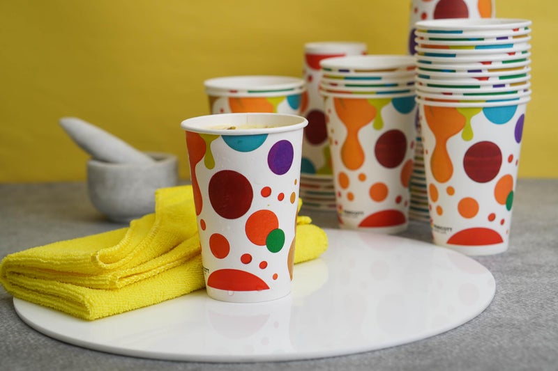 PARICOTT 300ml – 50 Cups | Multi Drop Printed Paper Cups | Disposable Use & Throw Cups for Tea, Coffee, Juice, Water, Wine, Cocktail, Parties, Events, Wedding, Travel – Eco-Friendly - Image 5