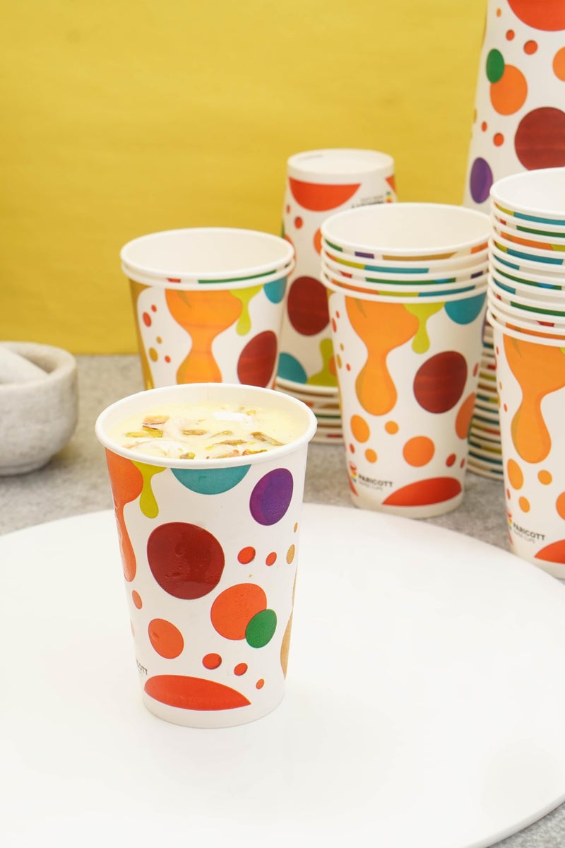 PARICOTT 300ml – 50 Cups | Multi Drop Printed Paper Cups | Disposable Use & Throw Cups for Tea, Coffee, Juice, Water, Wine, Cocktail, Parties, Events, Wedding, Travel – Eco-Friendly - Image 3