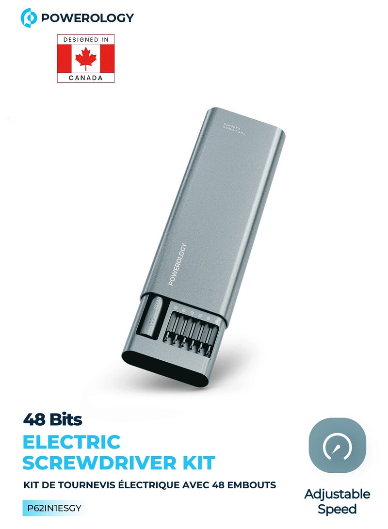 Powerology 48 in 1 Electric Screwdriver Kit 350mAh / Rechargeable Screwdriver / Stable, Precise and Controlled Multi-Purpose Tool / Durable & Compact Screwdriver Kit - Gray - Image 2