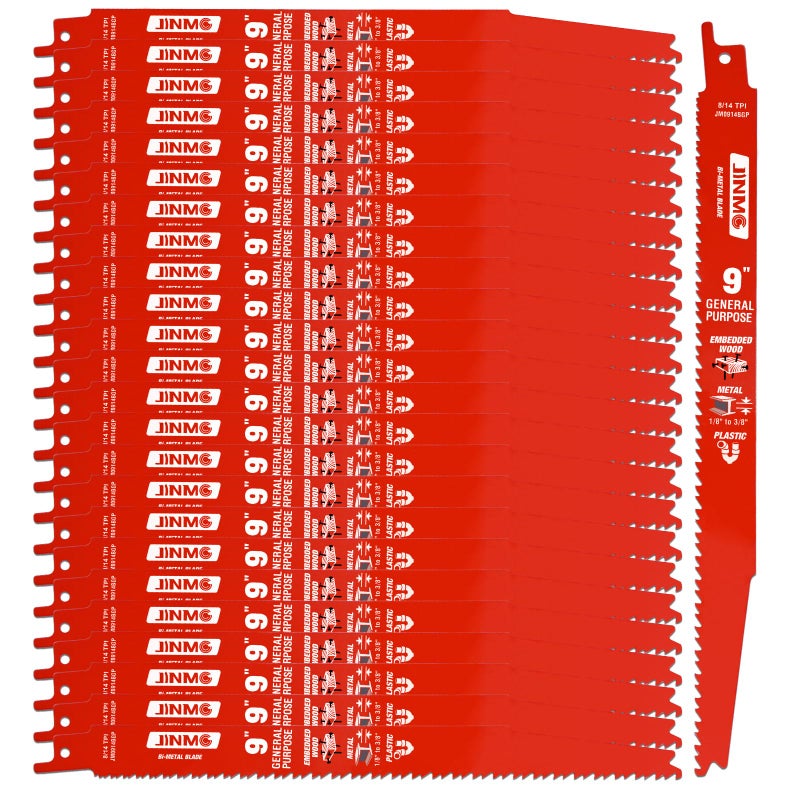 jinmg 25 Pack 9 Inch 8/14TPI Reciprocating Saw Blades for Wood and Nail-Embedded Wood Demolition, Metal Cutting for 1/8-3/8 Medium Metals and PVC Pallets etc.- Compatible with Diablo Bi-Metal Sawzall Blades - Image 1