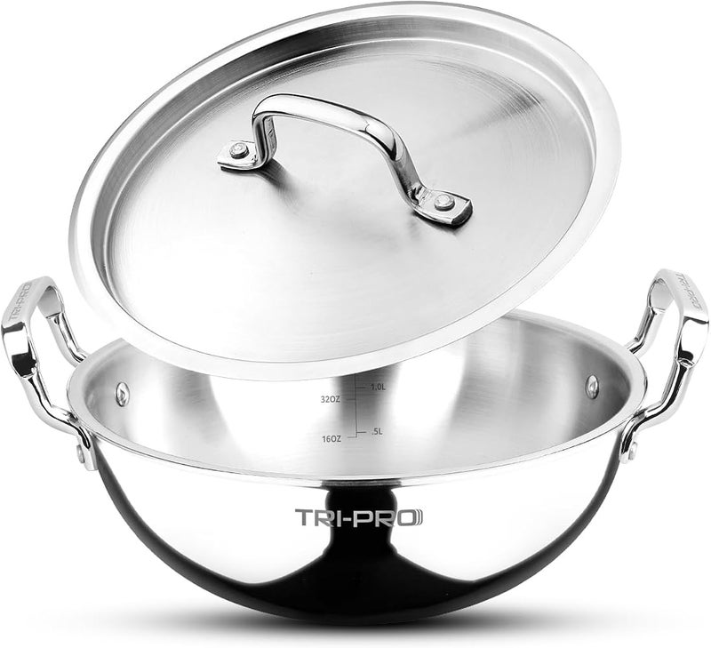 Bergner TriPro 24cm (3.10L) Tri-Ply Stainless Steel Deep Stir-Fry Pan, Kadai with Lid, Healthy Cooking with Less Oil, Metal Spatula Friendly Wok, Stay-Cool Handles, Induction & Gas Stove Compatible