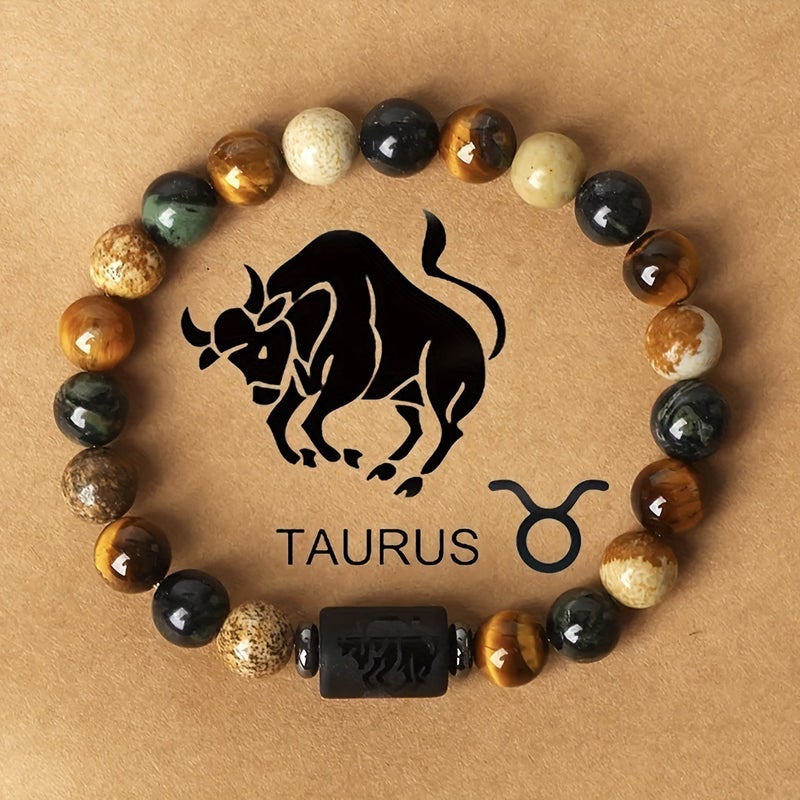 12 Zodiac Sign Bracelet with 8mm Tiger Eye Stone - Handmade Natural Beaded Charm