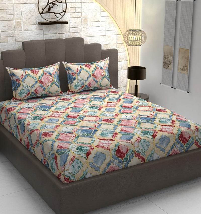 DECOREZA 320 TC Cotton Feel Elastic Fitted King Size Bedsheet 72x78 +10 Inch with 2 Pillow Covers | Glace Cotton | Wrinkle-Free | Bedsheet for Double Bed - (Vintage Mosaic, King Size 72" x 78") - Image 1