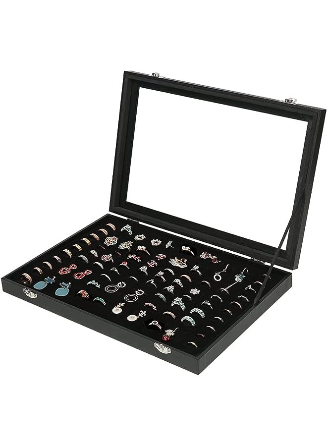 PROMASS Tray, Ring Organizer for Jewelry, 100 Slots Ring Holder Organizer Box, Jewelry Tray Organizer With Studs, Ring Storage Box Display Case Organizer Box with Transparent Lid - Image 1