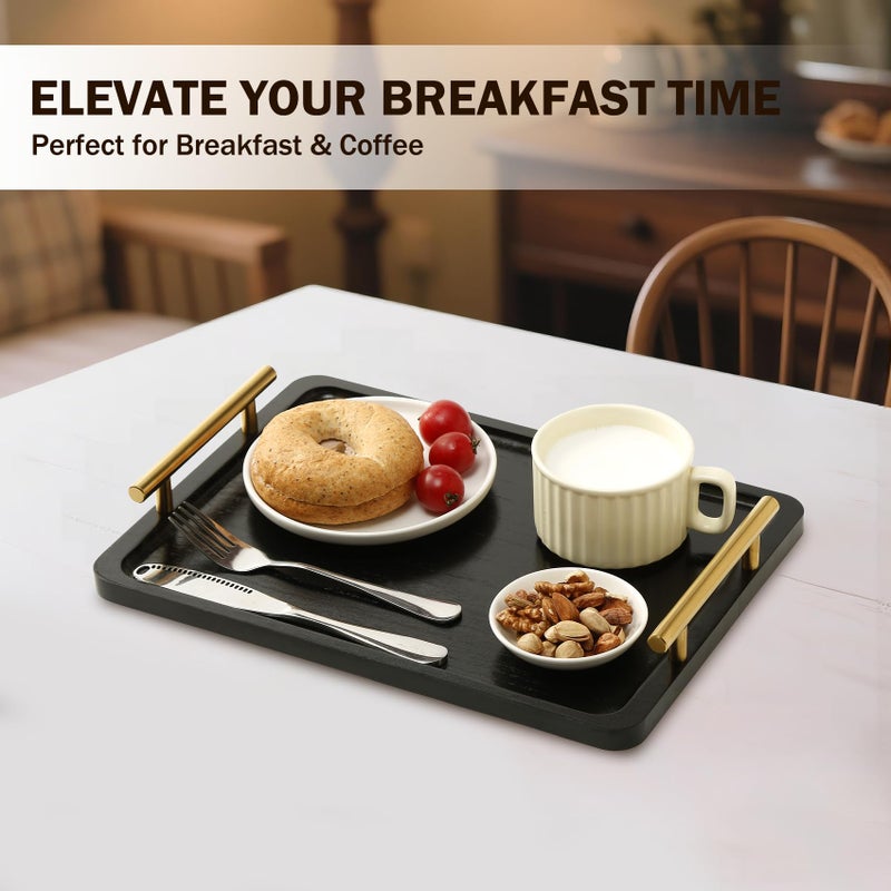 PEKER Wooden Serving Tray with Metal Handles, Black Decorative Coffee Table Tray for Breakfast in Bed, Ottoman & Home DÃ©cor, Wooden Food Tray for Kitchen, Living Room & Dining Table - Image 2