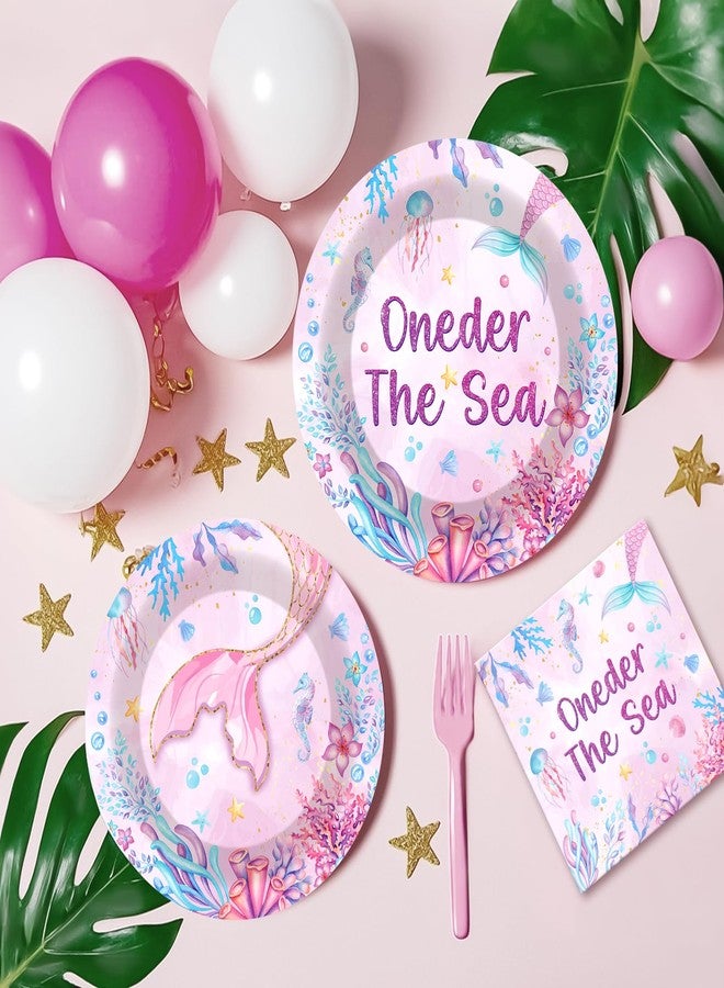 Hokinaa Oneder the Sea Decorations - 96 Pcs Under the Sea 1st Birthday Party Supplies, Pink Purple Ocean Animal Tableware Underwater World Disposable Paper Plate Napkin Fork for Girls Serves 24 Guests - Image 2