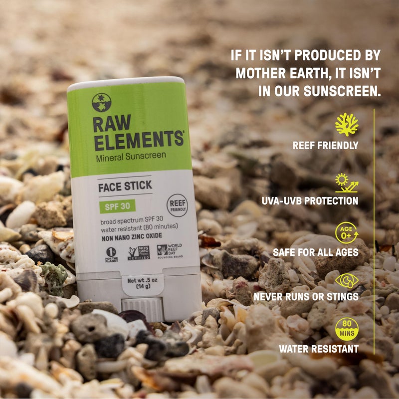 Raw Elements Face All-Natural Mineral Sunscreen Stick, Non-Nano Zinc Oxide, 95% Organic, Water-Resistant 80 Min, Reef Safe, All Ages Safe, SPF 30+, Travel Sunblock 0.5 oz - Image 4