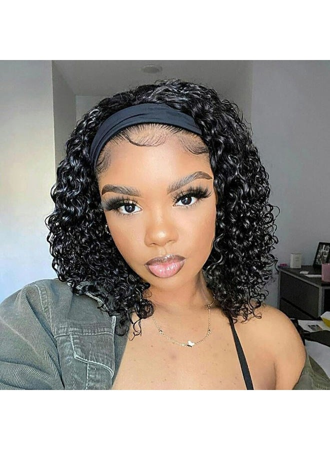 Aiterina Headband Wig Deep Wave 12 Inch Human Hair Headband Wig Curly hair Glueless Human Hair Wigs Machine Made No Lace deep Curly Headband Wig Natural color - Image 1