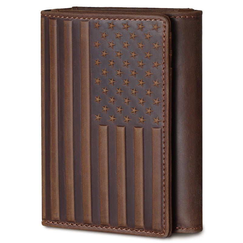 Pefiam Trifold Leather Wallet for Men RFID Blocking â€“ Mens Trifold Wallet Leather with 12 Card Slots, Gift for Men, American Flag Wallet Dark Brown - Image 1