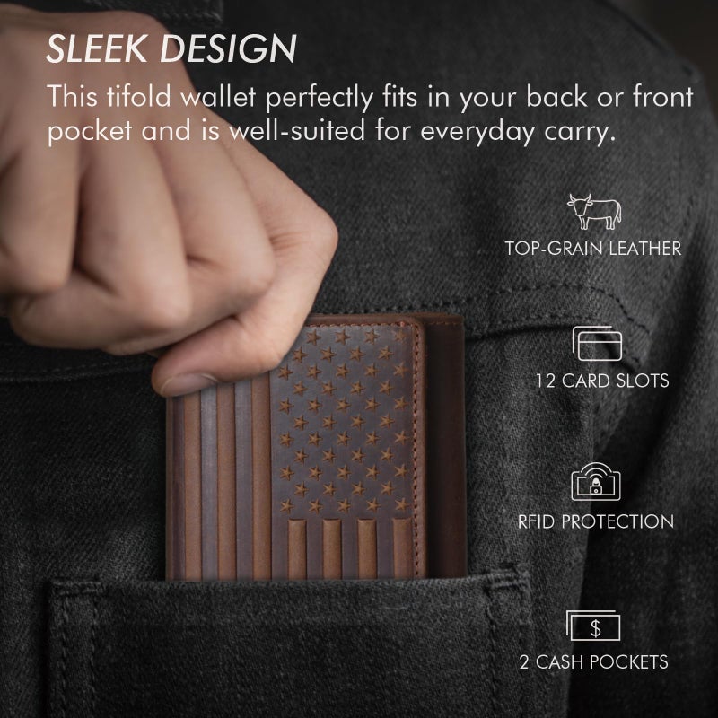 Pefiam Trifold Leather Wallet for Men RFID Blocking â€“ Mens Trifold Wallet Leather with 12 Card Slots, Gift for Men, American Flag Wallet Dark Brown - Image 4