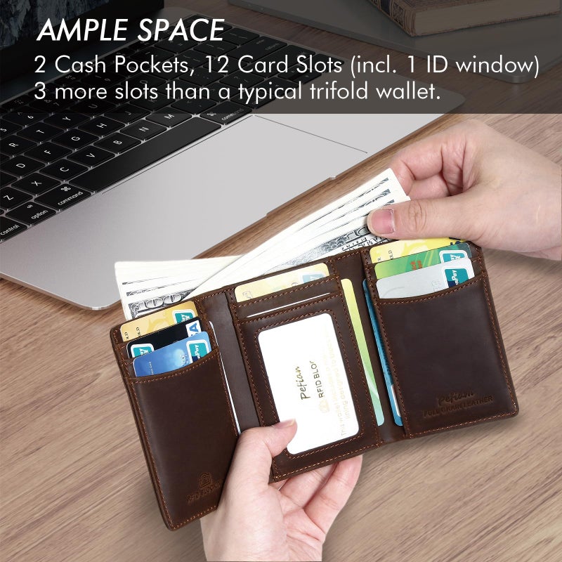 Pefiam Trifold Leather Wallet for Men RFID Blocking â€“ Mens Trifold Wallet Leather with 12 Card Slots, Gift for Men, American Flag Wallet Dark Brown - Image 2