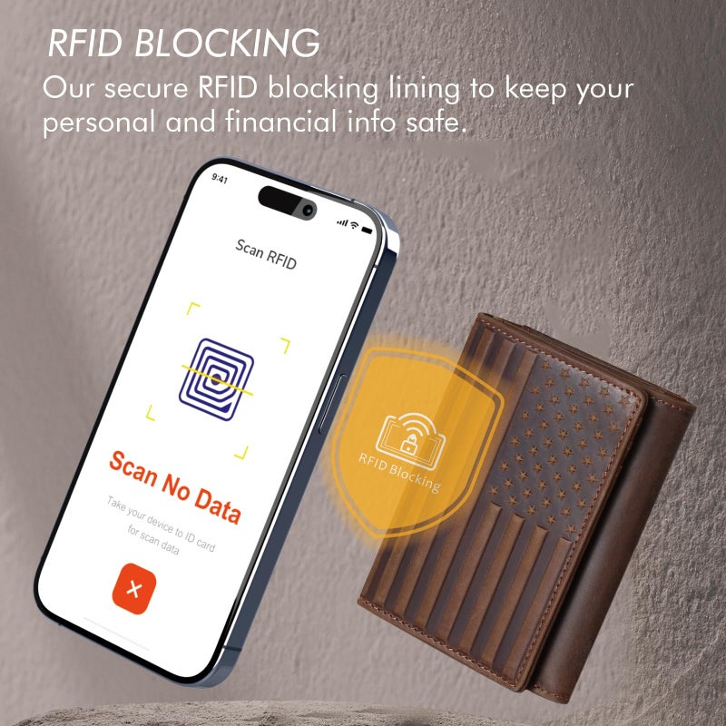 Pefiam Trifold Leather Wallet for Men RFID Blocking â€“ Mens Trifold Wallet Leather with 12 Card Slots, Gift for Men, American Flag Wallet Dark Brown - Image 5