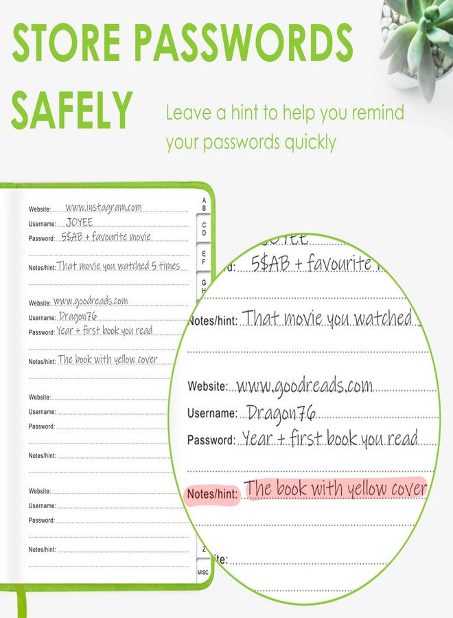 Jxselect Elegant Password Book with Alphabetical Tabs - Hardcover Password Book for Internet Website Address Login - 5.2" x 7.6" Password Keeper and Organizer w/Notes Section & Back Pocket (Green) - Image 5