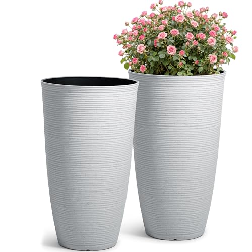 Ultym 23.5" H Tall Pot Planters, 2-Pack Taper Large Flower Pots for Indoor Outdoor Use, UV-Protect PP Plant Container for Garden Patio Yard Balcony Porch or Home Decor, White Vertical Stripes Texture - Image 1