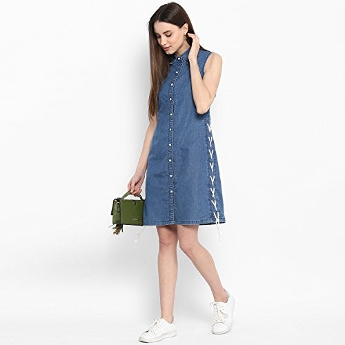 StyleStone Women's Denim White String Tie up Dress (3328DnmThighLaceS) - Image 2