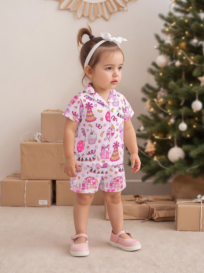 Girl Birthday Pajamas Set Cake Bow Print Short Sleeve Button Down Tops with Shorts Satin Sleepwear - Image 2