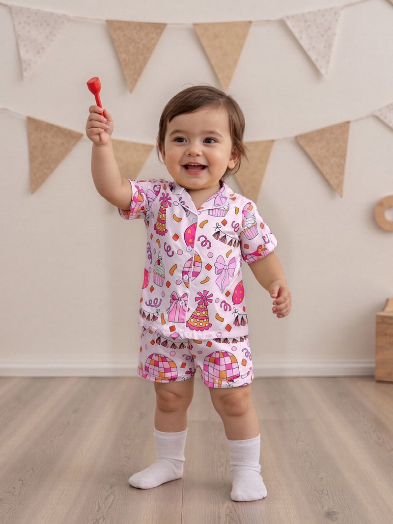 Girl Birthday Pajamas Set Cake Bow Print Short Sleeve Button Down Tops with Shorts Satin Sleepwear - Image 3