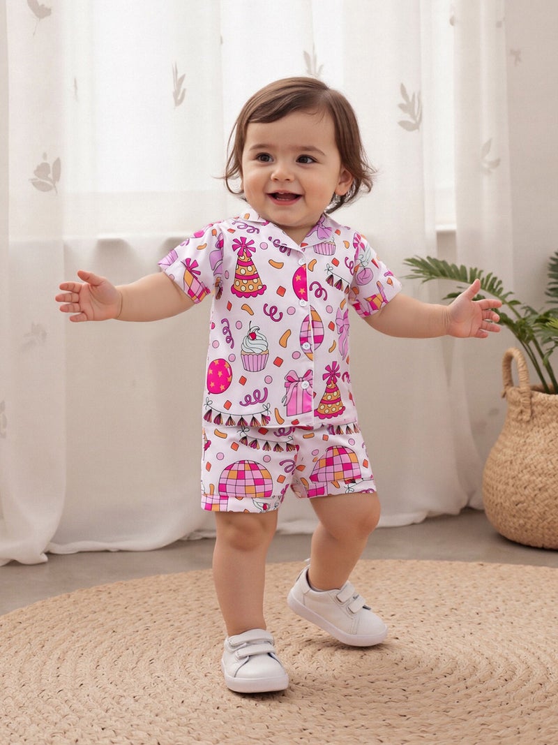 Girl Birthday Pajamas Set Cake Bow Print Short Sleeve Button Down Tops with Shorts Satin Sleepwear - Image 1