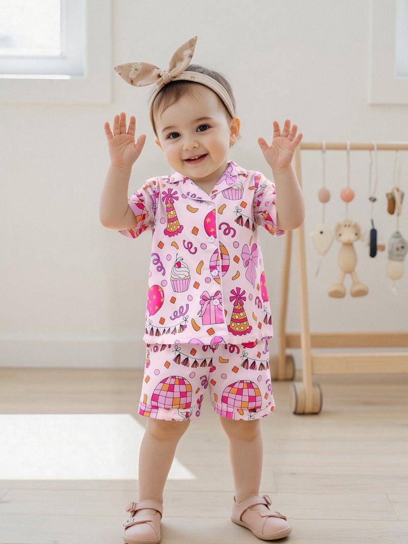 Girl Birthday Pajamas Set Cake Bow Print Short Sleeve Button Down Tops with Shorts Satin Sleepwear - Image 4