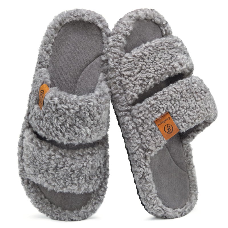 EverFoams Womens Fuzzy Open-toe Slippers Soft Comfy Memory Foam Indoor House Shoes Cool Gray,11-12 US - Image 1