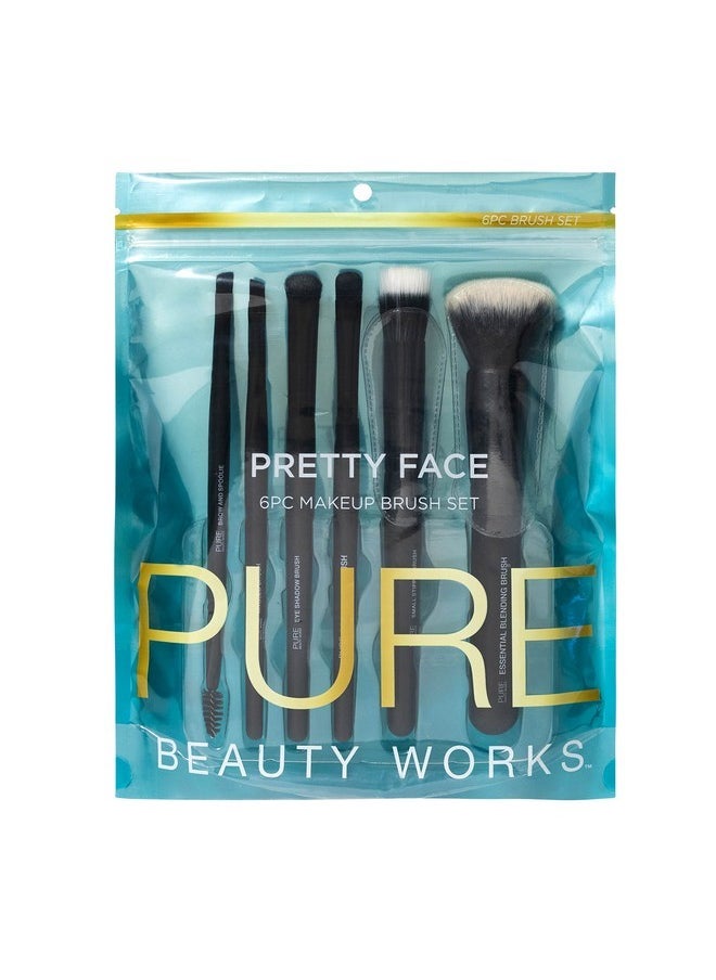 Pure Beauty Works - Pretty Face 6Pc Makeup Brush Set Premium Synthetic Bristles Blending Brush Stipple Brush Concealer Brush Eyeshadow Brush Angled Brush Brow And Spoolie Makeup Brush Set - Image 1