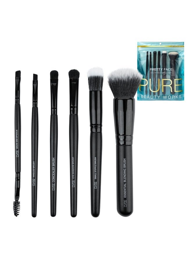 Pure Beauty Works - Pretty Face 6Pc Makeup Brush Set Premium Synthetic Bristles Blending Brush Stipple Brush Concealer Brush Eyeshadow Brush Angled Brush Brow And Spoolie Makeup Brush Set - Image 1