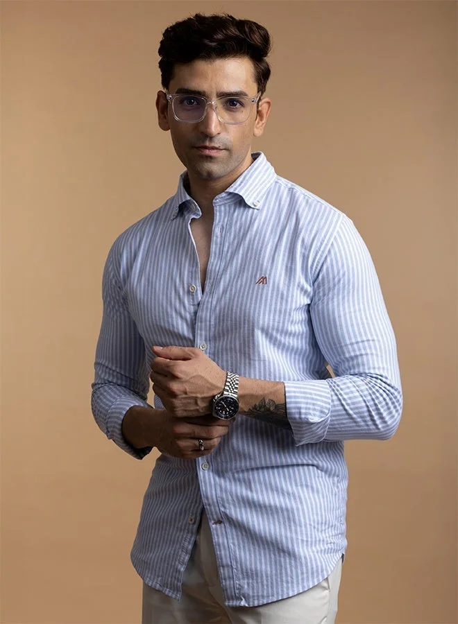 MANNERISM  The Classic Stripe Blue Oxford Shirt with Timeless Smooth Weave for Men | Best Price UAE