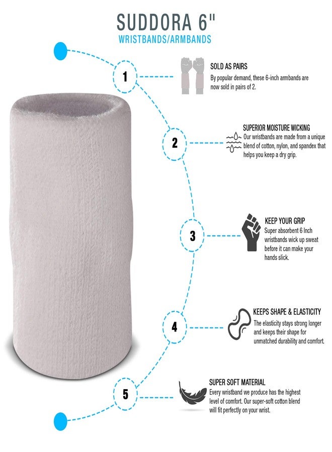 Suddora 6" Doublewide Wrist Bands/Armbands (Pair) - Thick Sweatbands for Basketball, Tennis, Baseball, Gym (White) - Image 2