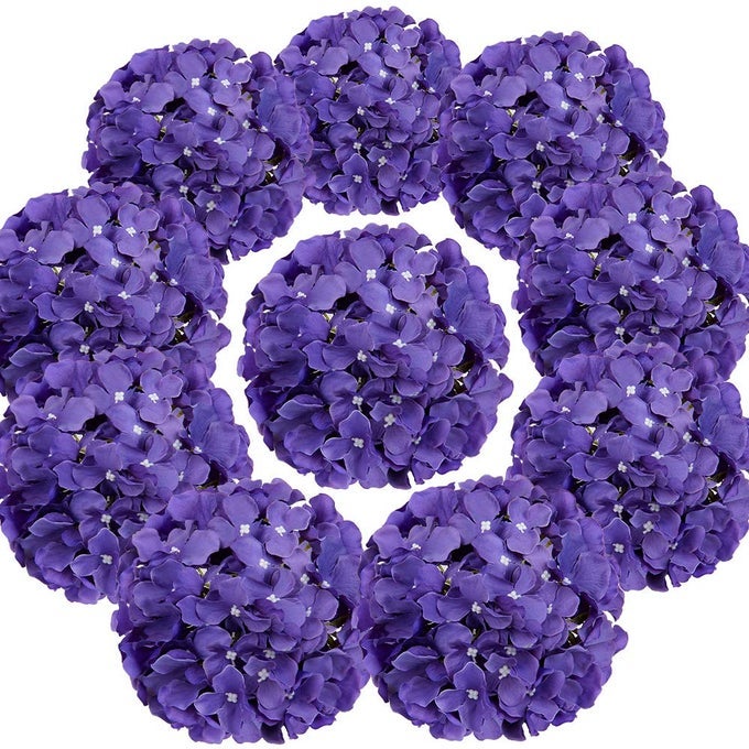 SILK HYDRANGEA HEADS ARTIFICIAL FLOWERS HEADS WITH STEMS FOR HOME WEDDING DECORPACK OF 10 PURPLE